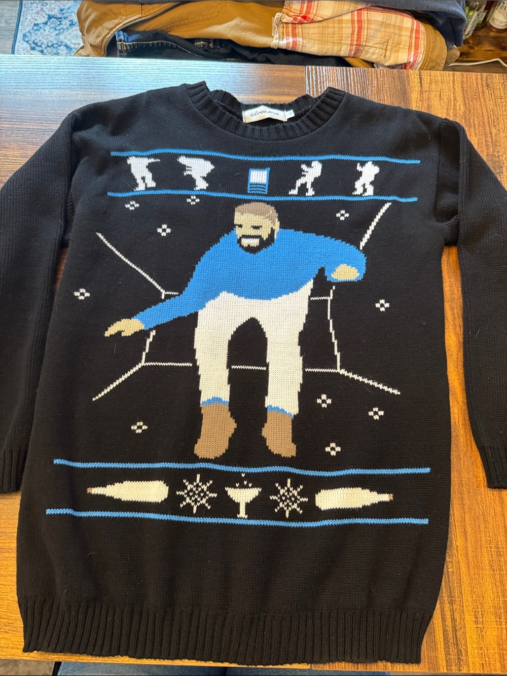 Men's Black Ski Jumper Sweater with Blue and White Graphic